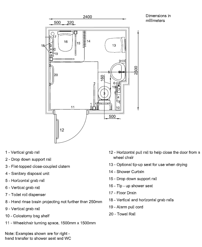 Diagram of a corner WC layout with shower facility