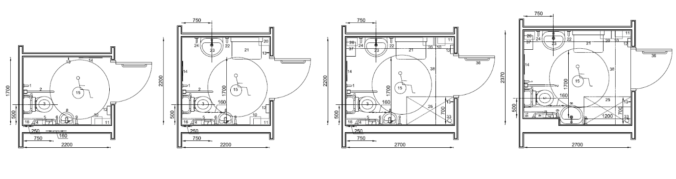  Design development sketches of four   different accessible toilet corner layouts 