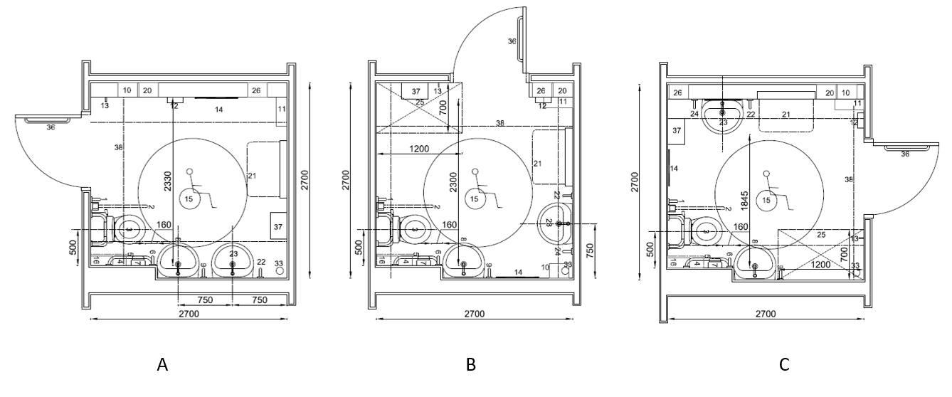 Three different square facility configuration development sketches  showing the different position of the door in relation to the WC pan