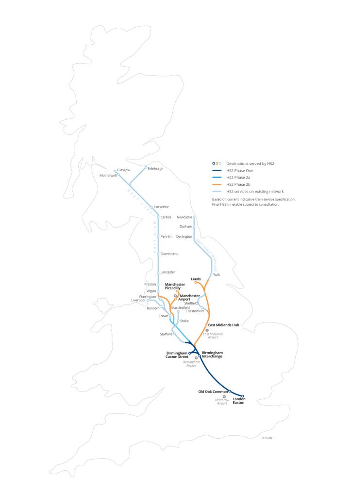 Map of Great Britain showing the HS2 line of route for all 3 phases