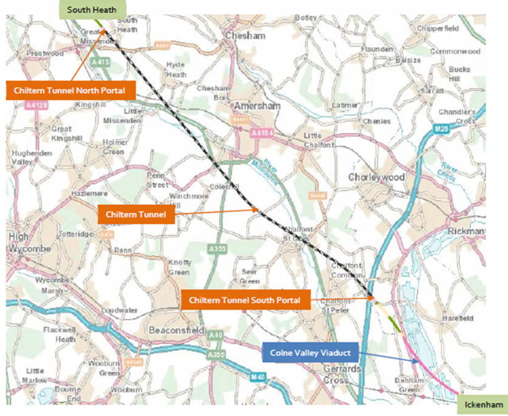 Map showing locations of the Chiltern Tunnel viaduct, south portal, tunnel and north portal