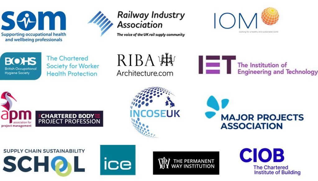13 logos of the professional associations and industry bodies that have signed up to be learning legacy industry partners -  SOM , Railway Industry Association, IOM, BOHS, RIBA, IET, APM, INCOSE UK, Major Projects Association, Supply Chain Sustainability School. ICE, The Permanent Way Institution, CIOB