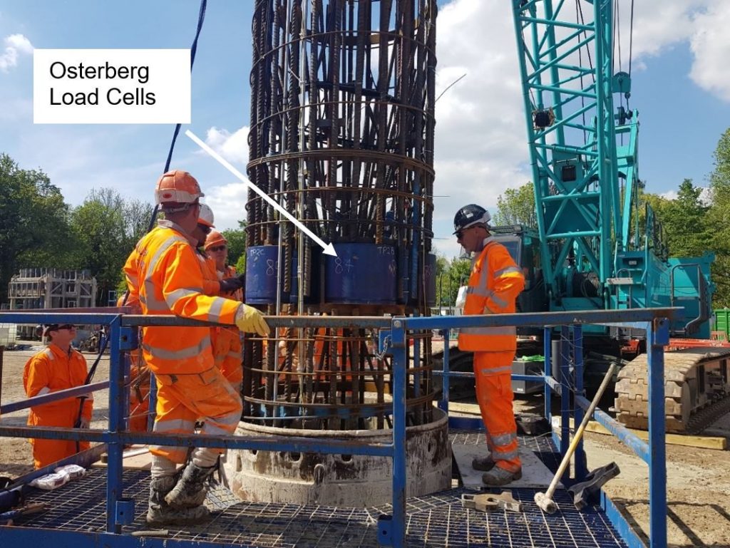Picture of workers conducting a preliminary Trial Pile with Osterberg Load Cells